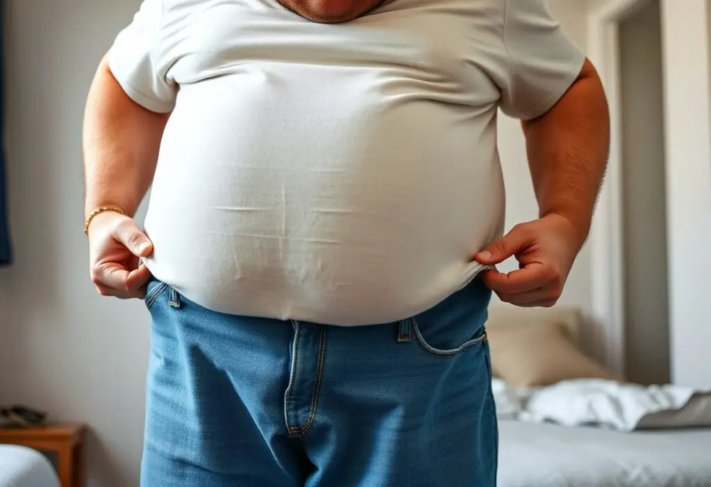 Overweight man in a t-shirt holding up his jeans, symbolizing finding better fit and confidence.