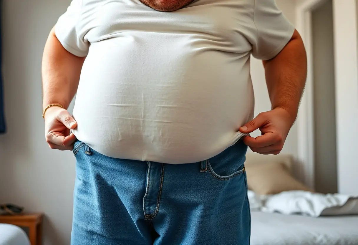 Overweight man in a t-shirt holding up his jeans, symbolizing finding better fit and confidence.