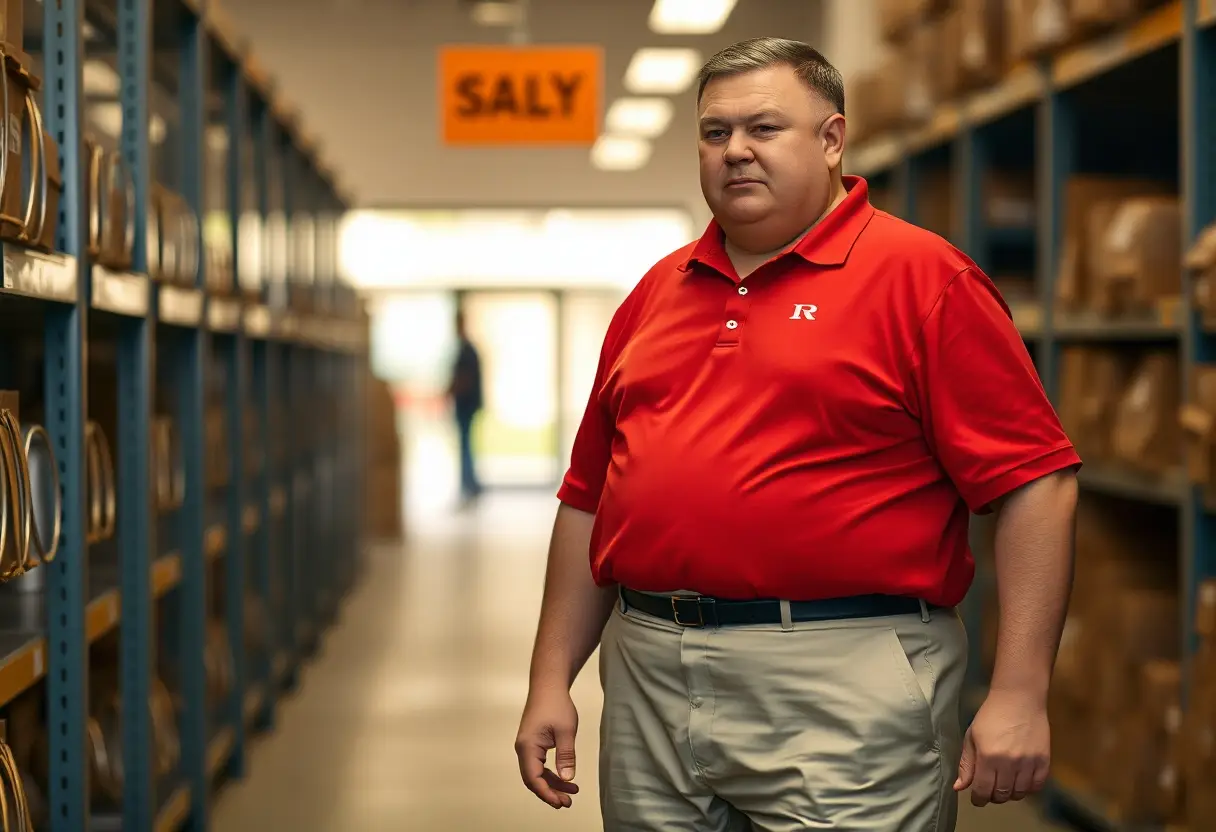 Well-fitted man in a red polo with a white R logo, shirt tucked into beige straight-cut chinos with a visible belt, gray athletic shoes, standing in a warehouse aisle between metal shelving and boxes under warm lighting.