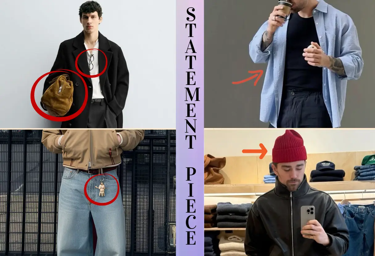 Men’s outfits showing how statement pieces like bags, hats, and accessories transform simple looks